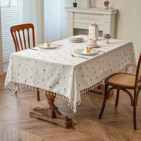 Floral Embroidered Linen Tablecloth Waterproof Oil-proof Pastoral Rectangular Table Cover With Tassels For Dining Decor