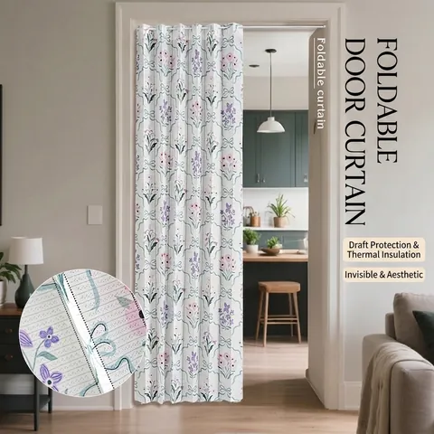 Foldable Printed Door Curtain For Kitchen Bathroom Bedroom Privacy Partition Waterproof Oilproof Polyester Fabric With Rod