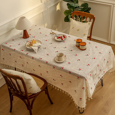 Mantel Pastoral De Mezcla De Lino Con Bordado De Frutas Y Borlas Cubierta De Mesa De Comedor Rectangular Redonda Hogar Decor