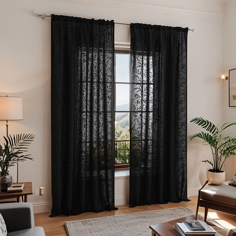 French Retro Lace Sheer Curtains For Living Room Bedroom Black Semi Shading Rose Floral Window Screens Rod Pocket Drapery