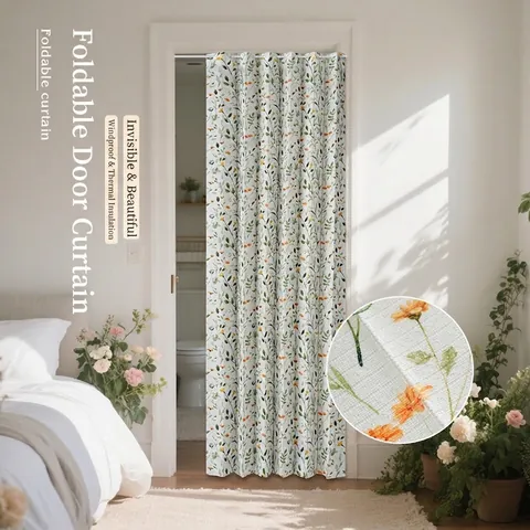 Minimalist Polyester Foldable Door Curtain Printed Floral Daisy Pattern Privacy Partition For Kitchen Bedroom Bathroom Home Decor