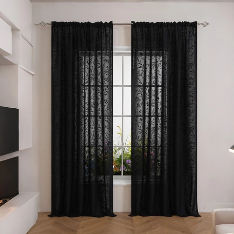 French Retro Lace Sheer Curtains For Living Room Bedroom Black Semi Shading Rose Floral Window Screens Rod Pocket Drapery