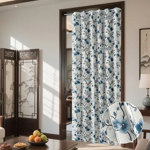 New Chinese Style Printed Folding Door Curtain Polyester Fabric Partition Curtain For Kitchen Bathroom Household Privacy Screen