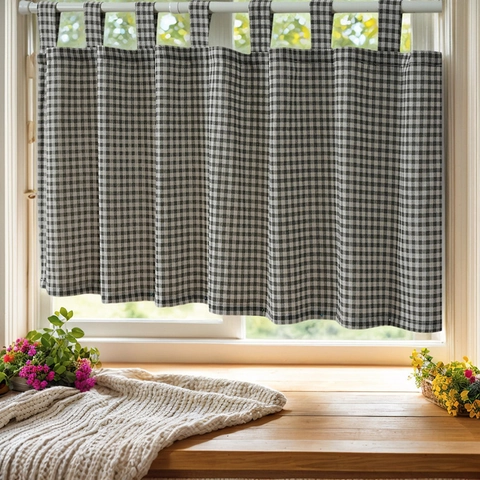 Modern Gingham Plaid Cotton Blend Cafe Curtain Tab Top Short Window Treatment For Kitchen Bathroom Small Window Curtain