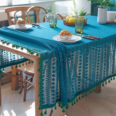 Nappe en Dentelle Ajourée Rétro Américain Bleu Paon Polyester Rectangulaire Avec Glands Pour Décoration De Table À Manger Et Table Basse