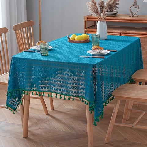 Nappe en Dentelle Ajourée Rétro Américain Bleu Paon Polyester Rectangulaire Avec Glands Pour Décoration De Table À Manger Et Table Basse