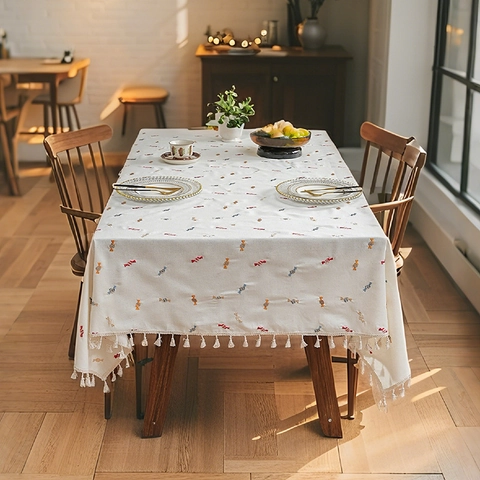 Rectangular Polyester Embroidered Tablecloth With Tassels Candy Christmas Tree Pattern Dustproof Table Cover Home Decor