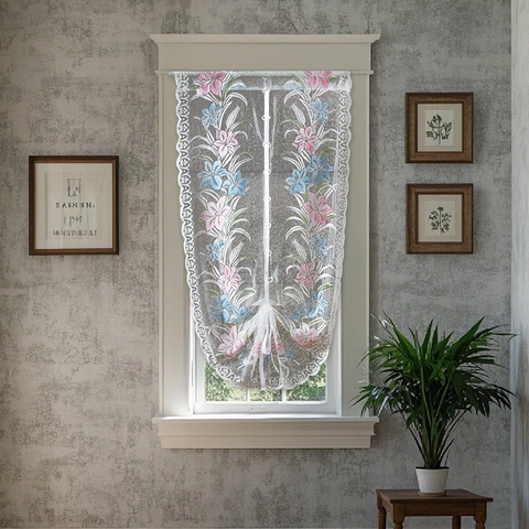 American Pastoral Lace Pull Up Curtain Embroidered Lily Flower Polyester Roman Valance For Window Home Bedroom Kitchen Decor