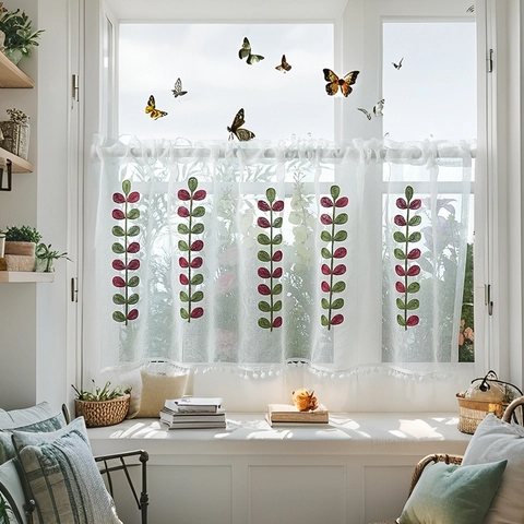 Embroidered Leaf Sheer Cafe Curtains With Pom-Pom Trim Rod Pocket Short Curtains For Kitchen Bedroom Small Window Home Decor