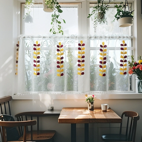 White Sheer Cafe Curtain Leaf Embroidery With Pom Pom Trim Small Window Half Curtain For Kitchen Bedroom Country Decor