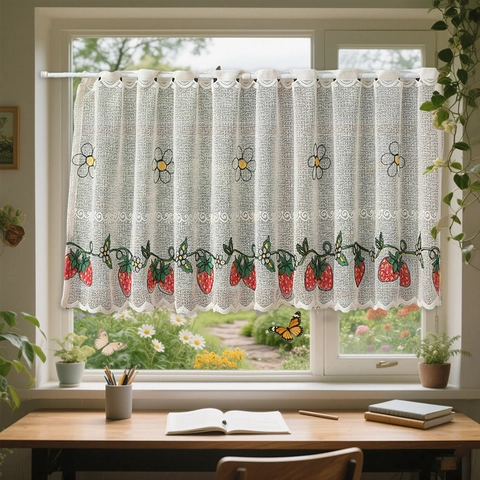 Pastoral Style Polyester Lace Coffee Curtains Strawberry Lemon Embroidery Short Window Valance Rod Pocket Kitchen Cafe Curtains
