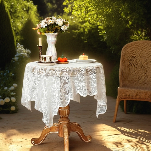 Französische Vintage Spitze Tischdecke Weiß Ausschnitt Blumenmuster Tischdecke Wellenkante Für Esszimmer Couchtisch Deko