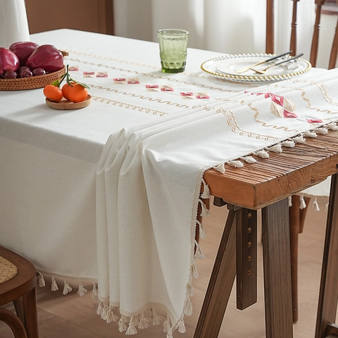 Waterproof Polyester Cotton Embroidered Tablecloth With Tassels Diamond Pattern Dustproof Table Cover For Dining Room