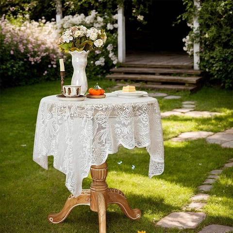 Französische Vintage Spitze Tischdecke Weiß Ausschnitt Blumenmuster Tischdecke Wellenkante Für Esszimmer Couchtisch Deko