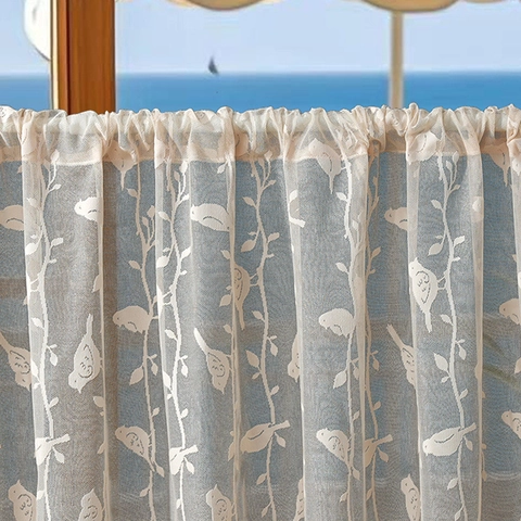 Französischer Spitzen Café Vorhang Vögel Zweige Muster Wellenrand Off White Halbtransparent Tunnelzug Türvorhang Home Decor