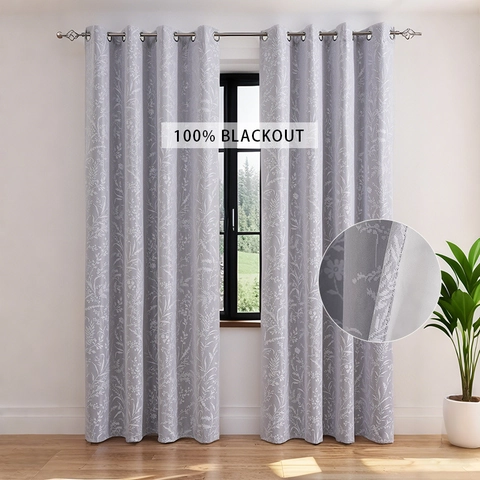 American Vintage 100% Blackout Curtains Jacquard Floral Pattern Coated Fabric Thermal Insulated Grommet Top For Living Room Bedroom