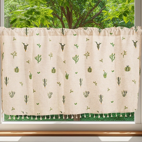 Cactus Embroidery Linen Texture Coffee Curtain For Kitchen Half Window Decorative Tassel Ruffle Valance Farmhouse Style Home Decor