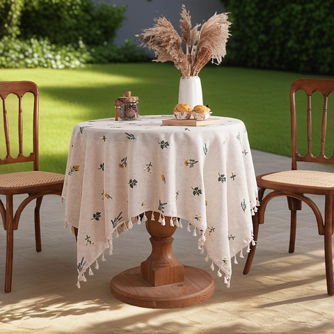 Pastoral Leinen Textur Polyester Tischdecke Mit Blumen Stickerei Und Quasten Für Esszimmer Küche Dekor Tischtuch