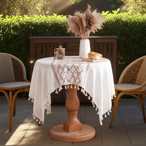 Nappe Brodée Texture Lin Bohème Avec Glands Losange Géométrique Couvre-Table Rectangulaire Pour Cuisine Salle À Manger Maison