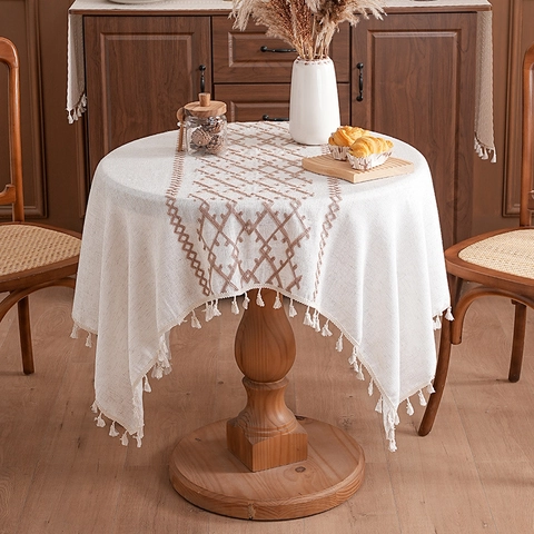 Nappe Brodée Texture Lin Bohème Avec Glands Losange Géométrique Couvre-Table Rectangulaire Pour Cuisine Salle À Manger Maison