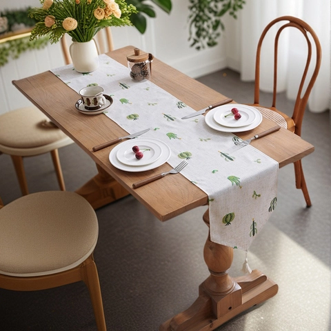 Camino de Mesa Pastoral Bordado Mezcla de Lino y Poliéster Con Borlas Patrón de Cactus Trigo Decorativo para Comedor