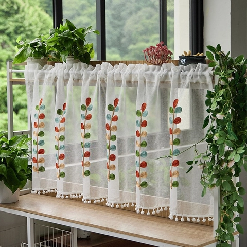 Polyester Embroidered Cafe Curtains For Kitchen Cabinet Small Short Window Valance With Pom Pom Floral Pattern Home Decor