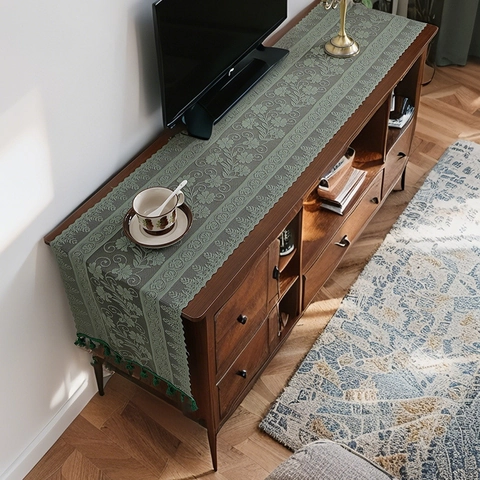 Runner da Tavolo in Pizzo Vintage con Motivo Ipomoea Intagliato e Nappine Copri Mobile in Poliestere per Arredo Sala da Pranzo
