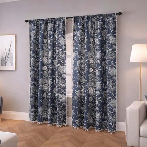 American Retro Floral Print Curtain With Tassel Rod Pocket Shading Window Treatment For Bedroom Living Room Home Decor
