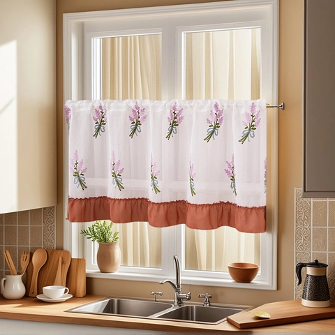 Pastorale Polyester Geborduurde Koffiegordijnen Landelijk Bloemenpatroon Korte Keukendeurgordijnen Met Roffelzoom Voor Wastafel