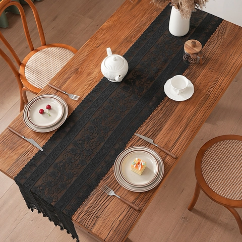American Retro Lace Table Runner Luxury Morning Glory Hollow Out Floral Embroidery Tassel Fringe Decor For Dining Room TV Cabinet