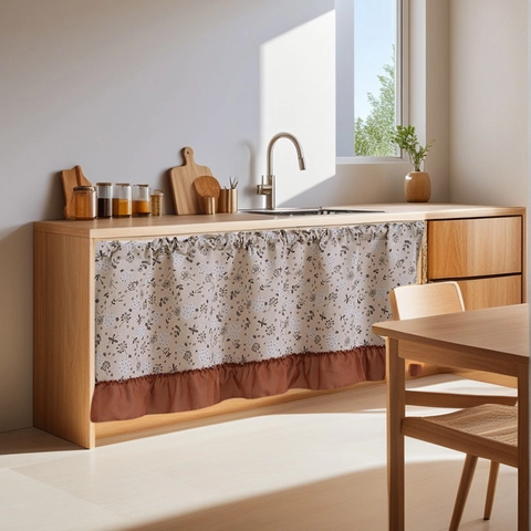 Cortina de Gabinete Floral Vintage Americano Con Borde de Volantes Antipolvo Cortina Corta para Cocina Baño Decoración Hogar