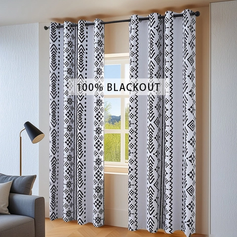 Nordischer 100% Blackout Polyester Ösenvorhang Für Schlafzimmer Wohnzimmer Wärmeisoliert Geometrisch Blumendruck Gardinen