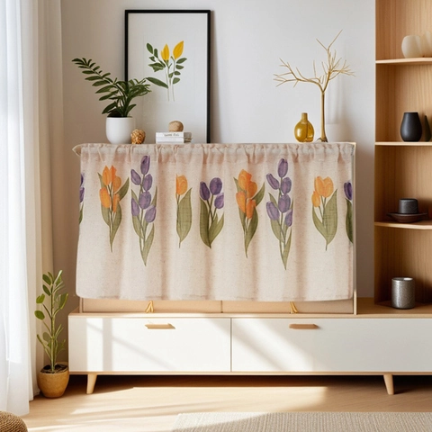 Japanese Style Linen Blend Cabinet Curtain Vintage Tulip Floral Print Dustproof Partition Half Curtain For Kitchen Living Room