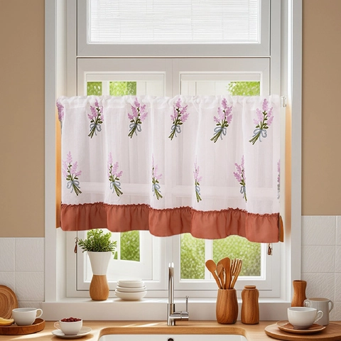 Pastorale Polyester Geborduurde Koffiegordijnen Landelijk Bloemenpatroon Korte Keukendeurgordijnen Met Roffelzoom Voor Wastafel