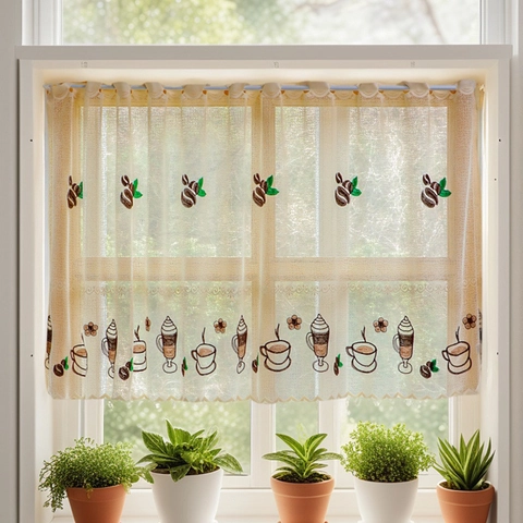 American Country Polyester Lace Cafe Curtain Embroidered Coffee Cup Sheer Mesh Short Curtain For Kitchen Bedroom Bay Window