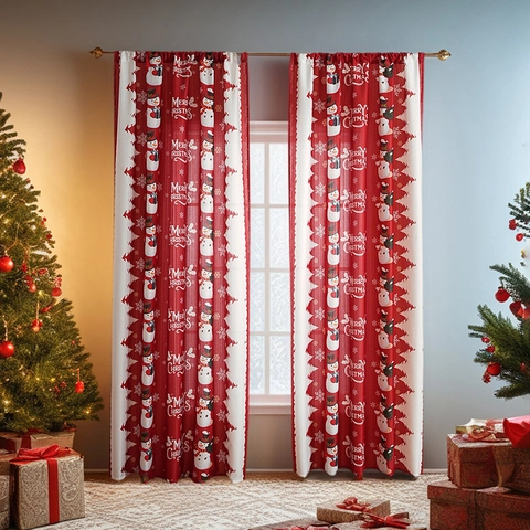 Polyester Christmas Curtains Printed Snowman Santa Claus Snowflake Xmas Decorative Window Drapes For Bedroom Home Decor