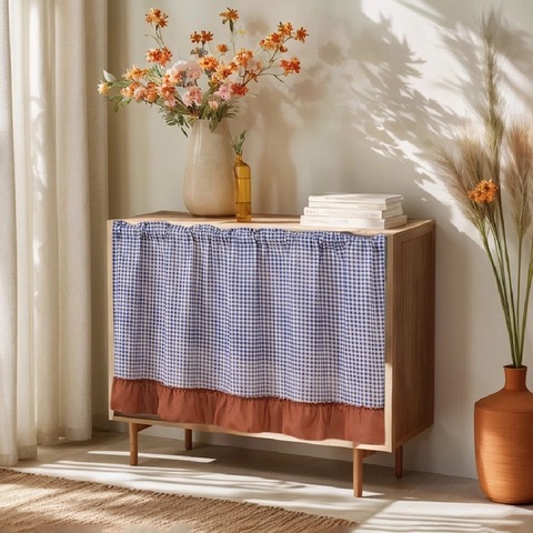 Landelijke Gingham Schaakbord Deurgordijn Met Volant Decoratie Katoenmix Stofdichte Kast Keuken Klein Raam Kort Gordijn