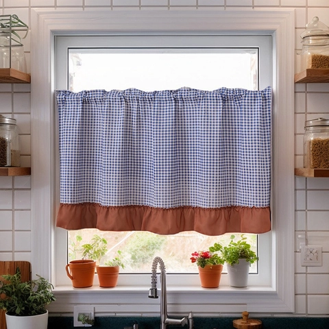 Landelijke Gingham Schaakbord Deurgordijn Met Volant Decoratie Katoenmix Stofdichte Kast Keuken Klein Raam Kort Gordijn