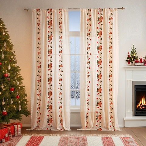 Rideau Voilage Brodé de Noël en Polyester Dentelle Pour Fenêtre Avec Cloches Père Noël Pour Décoration de Salon Chambre