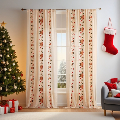 Rideau Voilage Brodé de Noël en Polyester Dentelle Pour Fenêtre Avec Cloches Père Noël Pour Décoration de Salon Chambre