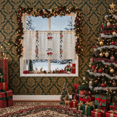 Christmas Embroidered Lace Coffee Curtain Polyester White Semi Transparent Short Window Valance For Kitchen Home Holiday Decor
