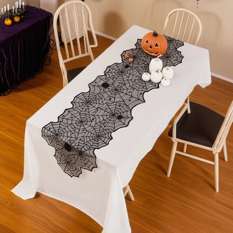 Halloween Runner da Tavolo in Pizzo Nero a Ragnatela Sciarpa per Camino Gotica Decorazione per Feste Natalizie Ornamento da Tavolo