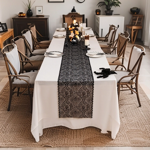 Halloween Noir Dentelle Toile d'Araignée Chemin de Table Polyester Ajouré Gothique Couverture de Cheminée Fête Décor Echarpe
