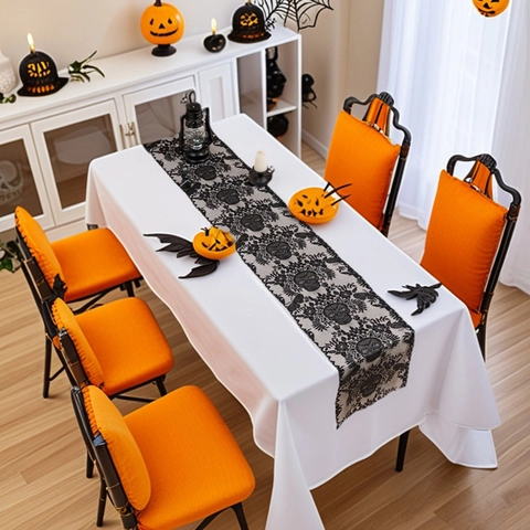 Halloween Black Lace Table Runner Hollow Out Gothic Skull Spider Web Pattern Decorative Tablecloth For Fireplace Party Home Decoration