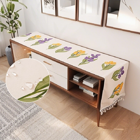 Camino de Mesa Pastoral Impermeable Tela de Poliéster Con Borla Estampado Floral Tulipán Lavanda Cactus Hogar