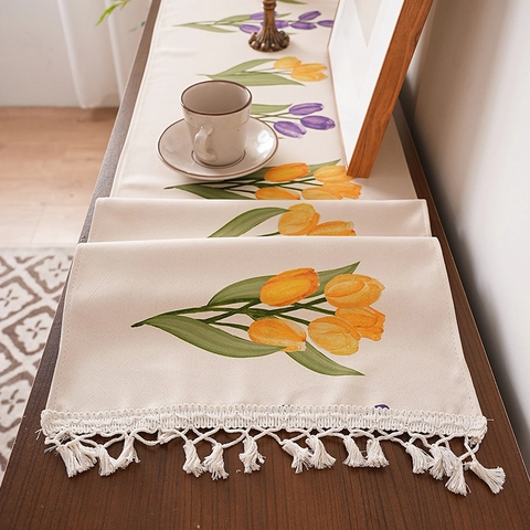 Camino de Mesa Pastoral Impermeable Tela de Poliéster Con Borla Estampado Floral Tulipán Lavanda Cactus Hogar