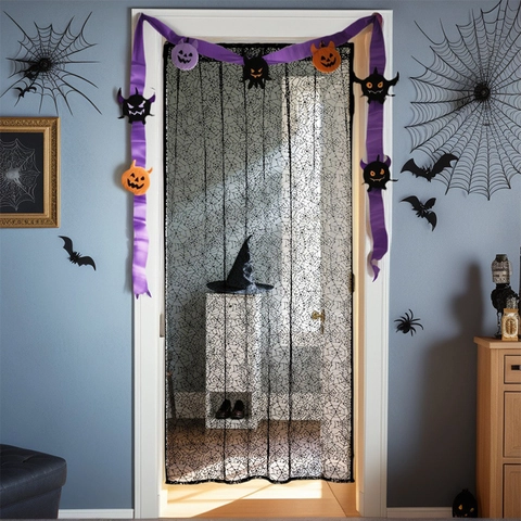 Halloween Schwarz Spitze Spinnennetz Türvorhang Gotik Totenkopf Geist Hand Mesh Vorhang Für Heim Party Deko