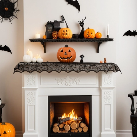 Halloween Black Spider Web Table Runner Polyester Lace Hollow Tablecloth For Haunted House Home Party Dining Table Decor
