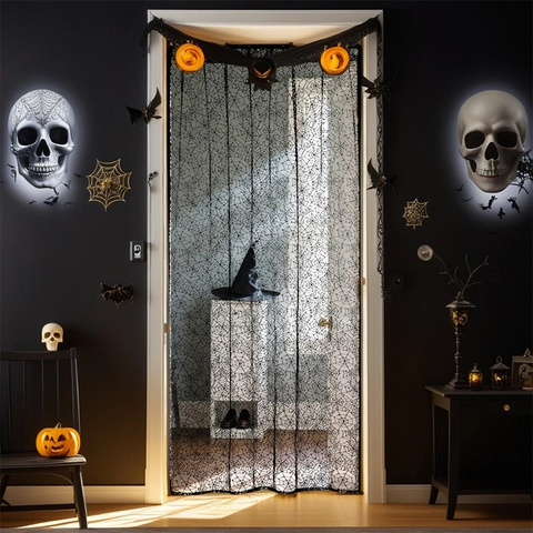 Halloween Schwarz Spitze Spinnennetz Türvorhang Gotik Totenkopf Geist Hand Mesh Vorhang Für Heim Party Deko