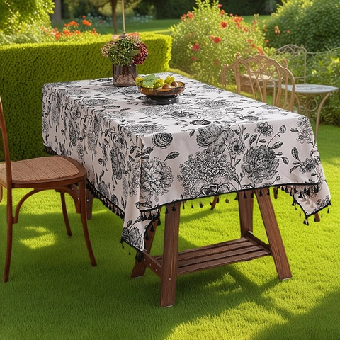 French Vintage Floral Tablecloth Rectangular Cotton Blend Dustproof Table Cover With Tassels For Dining Room Kitchen Decor